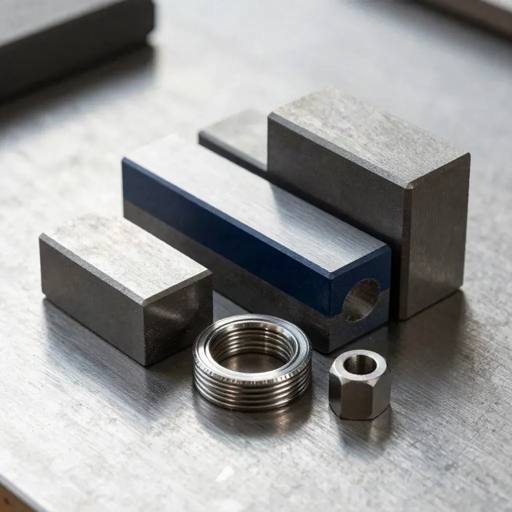 Close-up of gauge blocks, a stainless coupling ring and hex spacer on brushed metal, lit by skimming daylight.