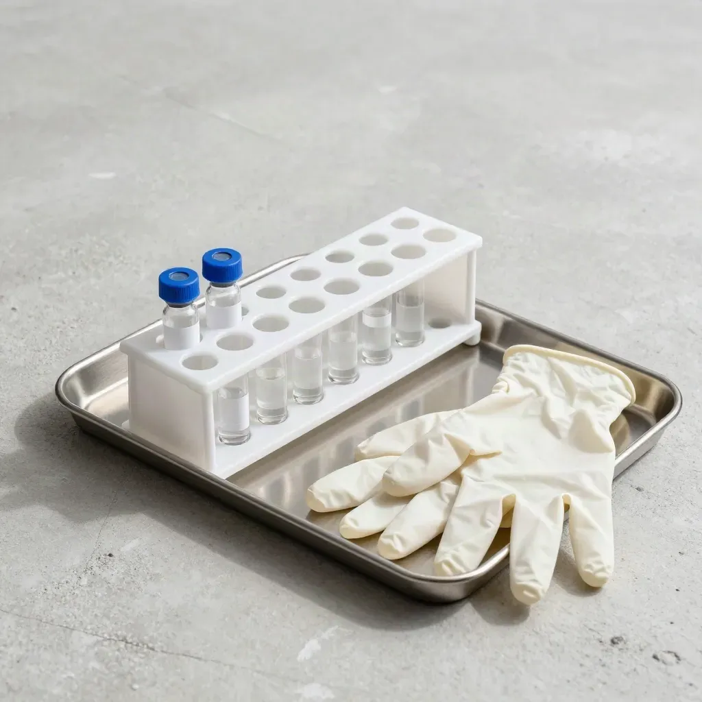 Clinical still life with sample rack, vials, gloves and steel tray on pale concrete.