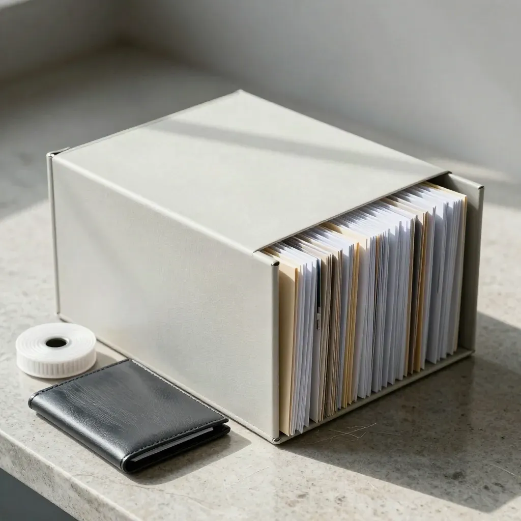 Archive box, badge reel, document wallet and folders on brushed stone in soft daylight.