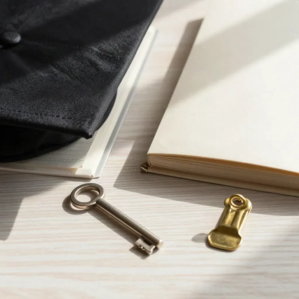 Graduation cap, thesis volume, certificate sleeve and brass clip on pale oak.