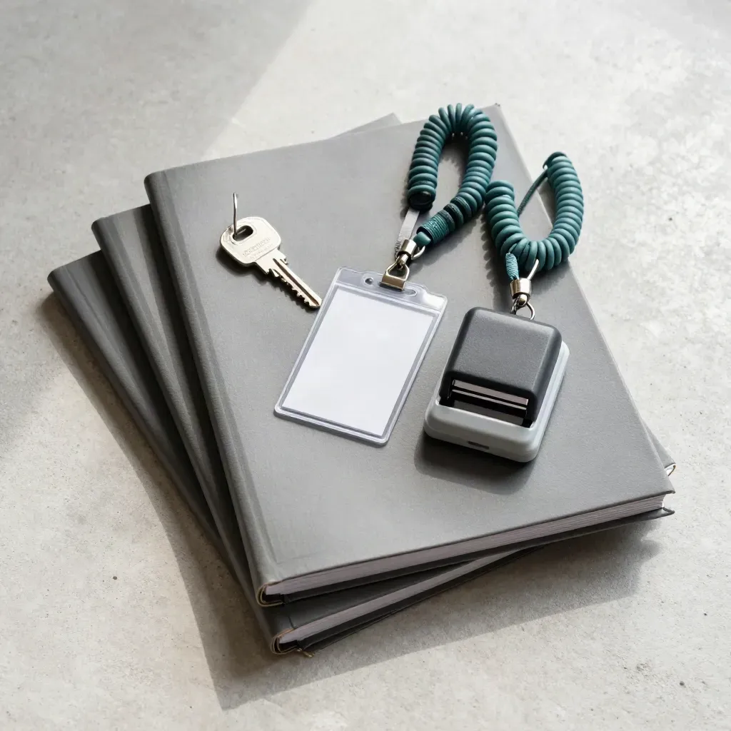 Overhead of binders, lanyards, badge holders and a stamp pad on concrete