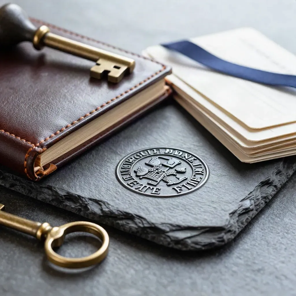 Embossed guild seal, leather register, membership cards and brass key on dark slate