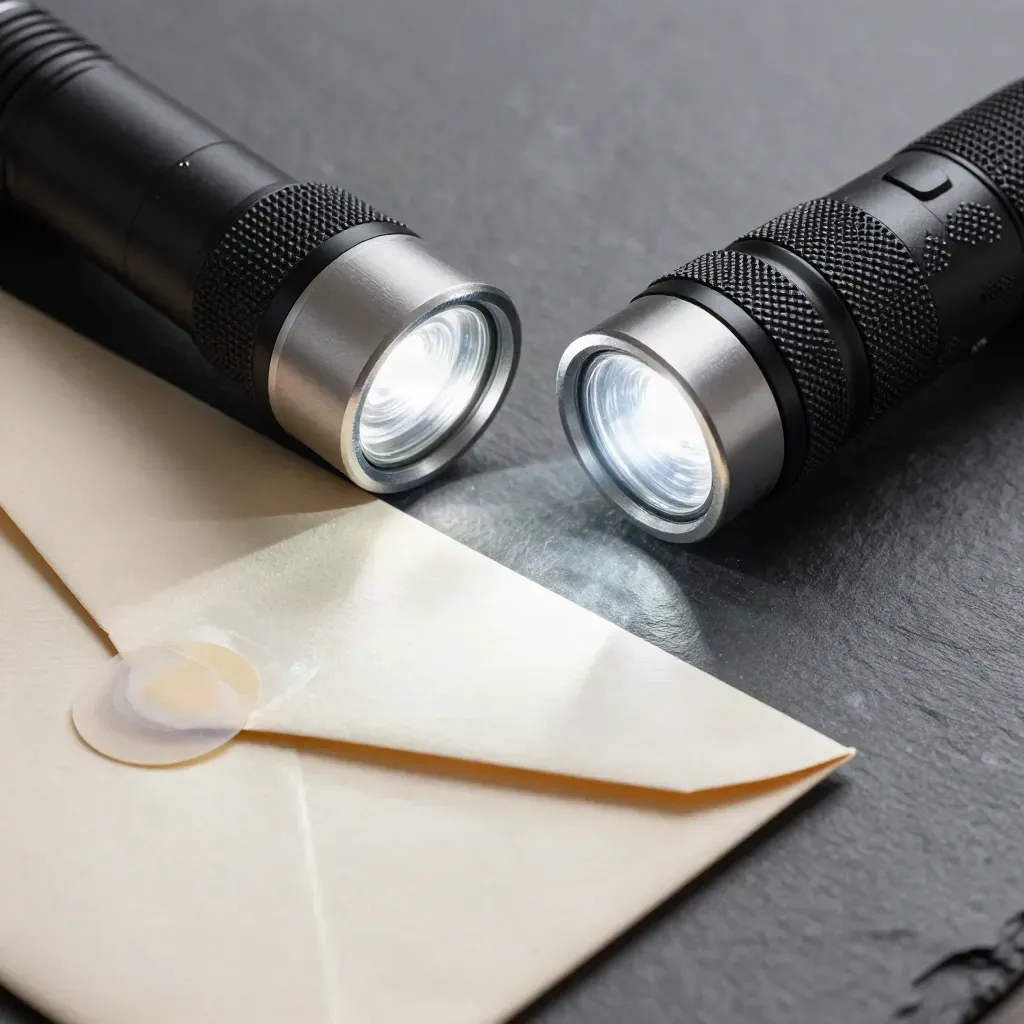 Security torch beside a sealed envelope and tamper strip on slate, lit with cool dramatic haze.