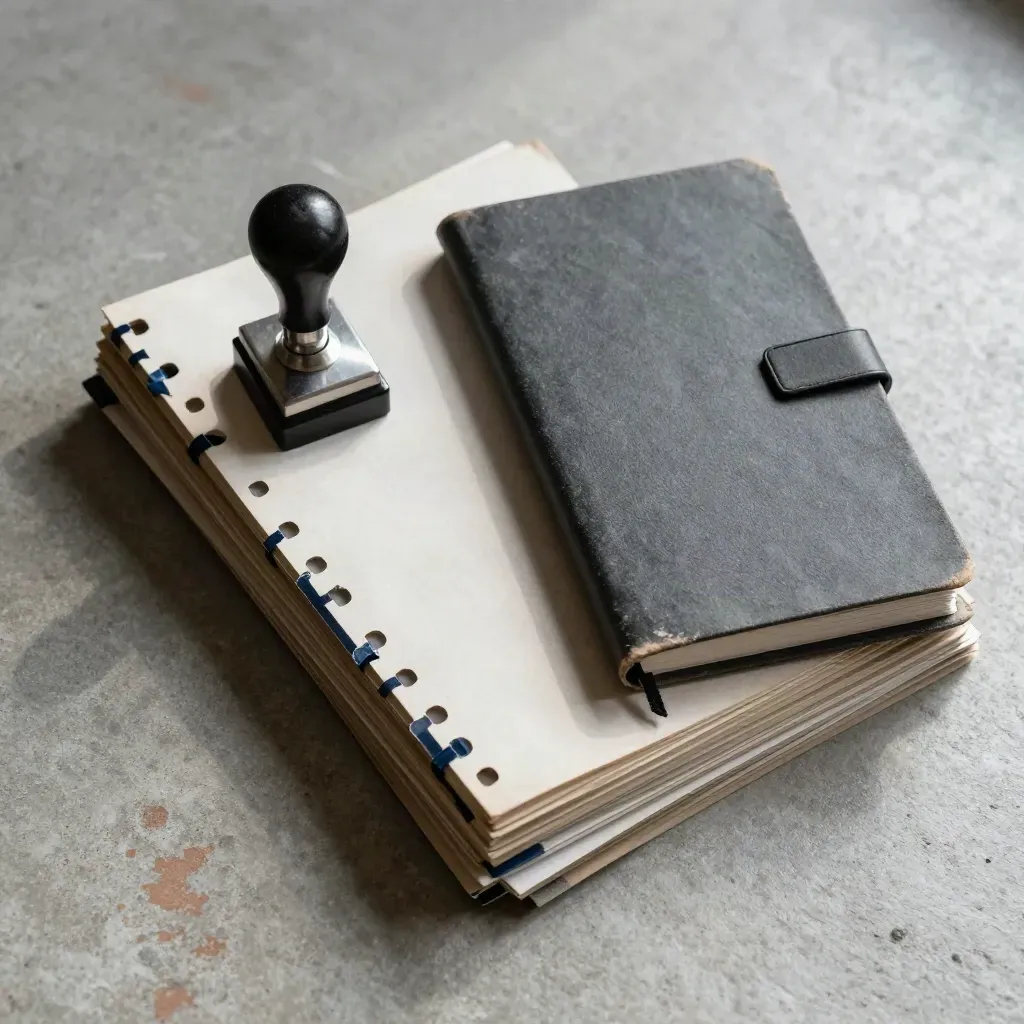 Archive tags, date stamp and clipped logbook on concrete, lit from upper left.