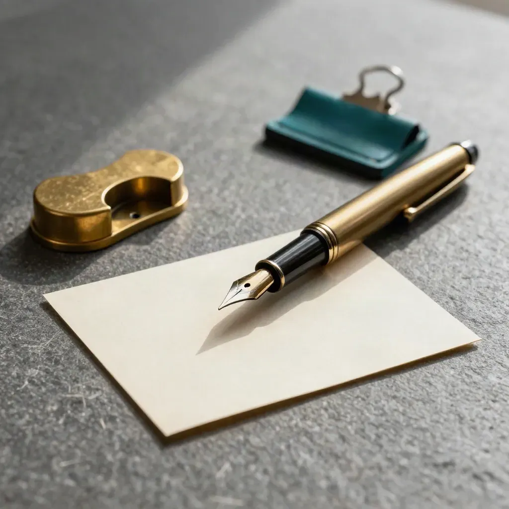 Fountain pen, brass weight, blank approval card and clip on graphite stone.