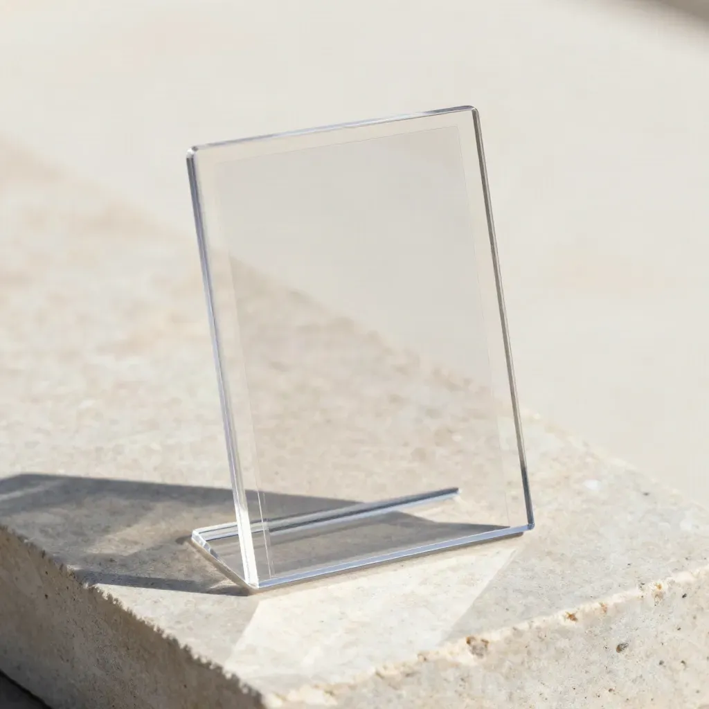 Clear acrylic display stand with blank insert card and two sleeves on pale stone.