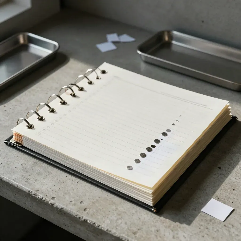 Compliance binder with white tabs and metal expiry markers on brushed steel under dramatic light.