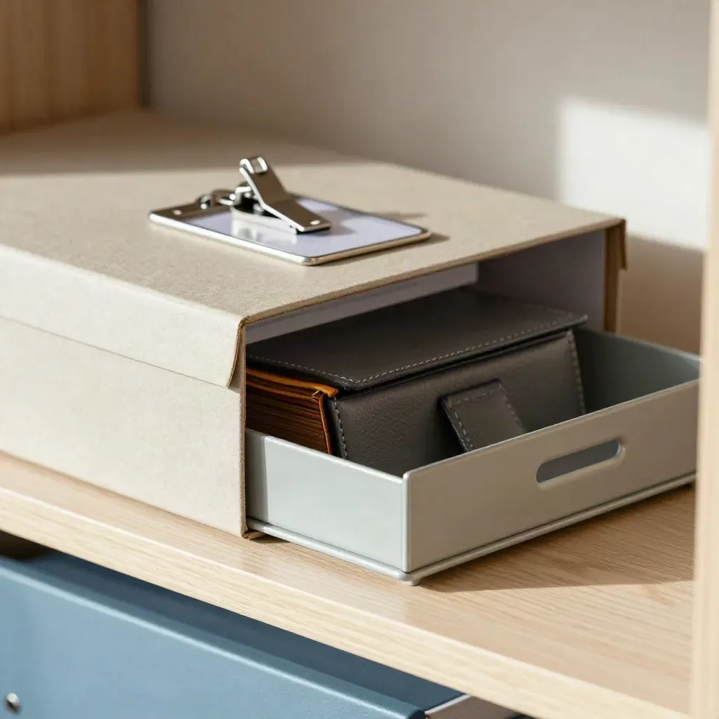 Archive box, ID reel, document wallet and tray on a pale oak shelf, shot through a blurred folder edge.