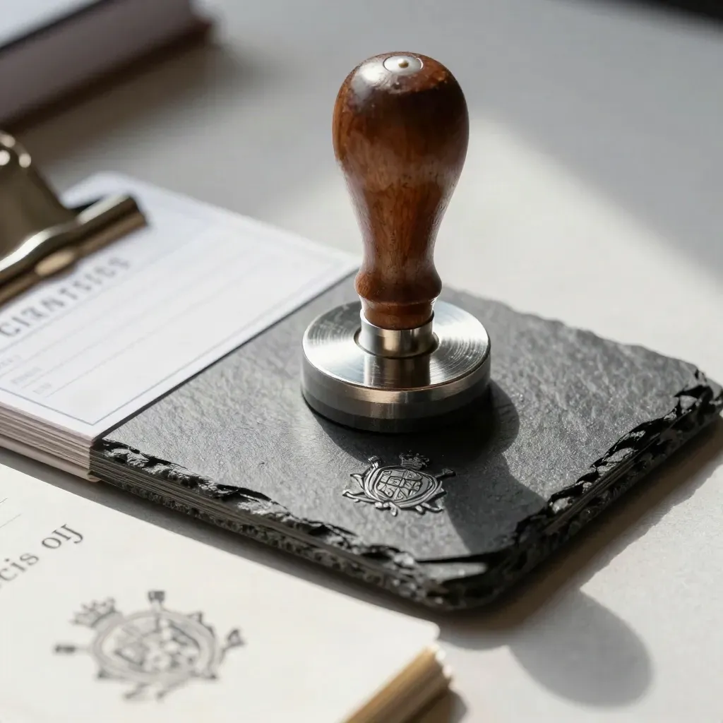 Sealed membership tools on slate: seal stamp, sleeves, ledger clip, metal ring.