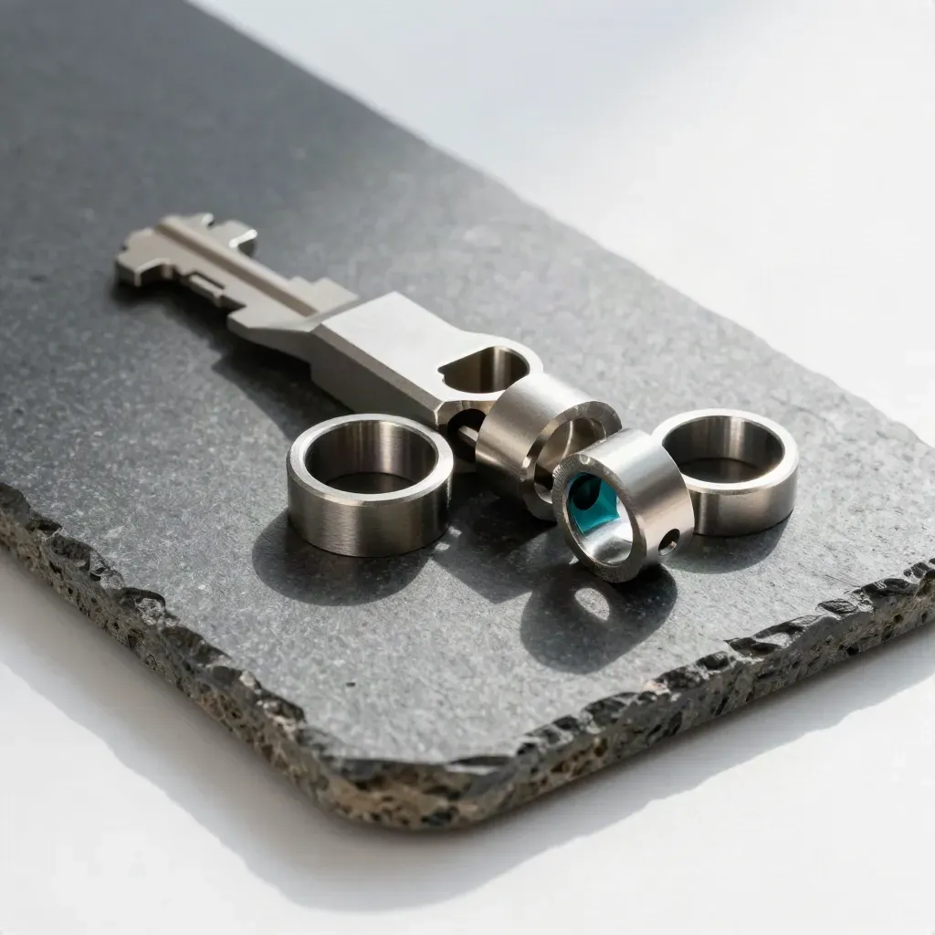 Top-down of linked metal rings, connector block and bridge bracket on graphite stone with teal accent
