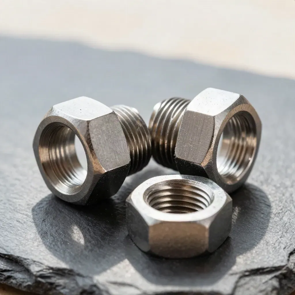 Macro of stainless coupling parts and a half-connected threaded joiner on dark slate