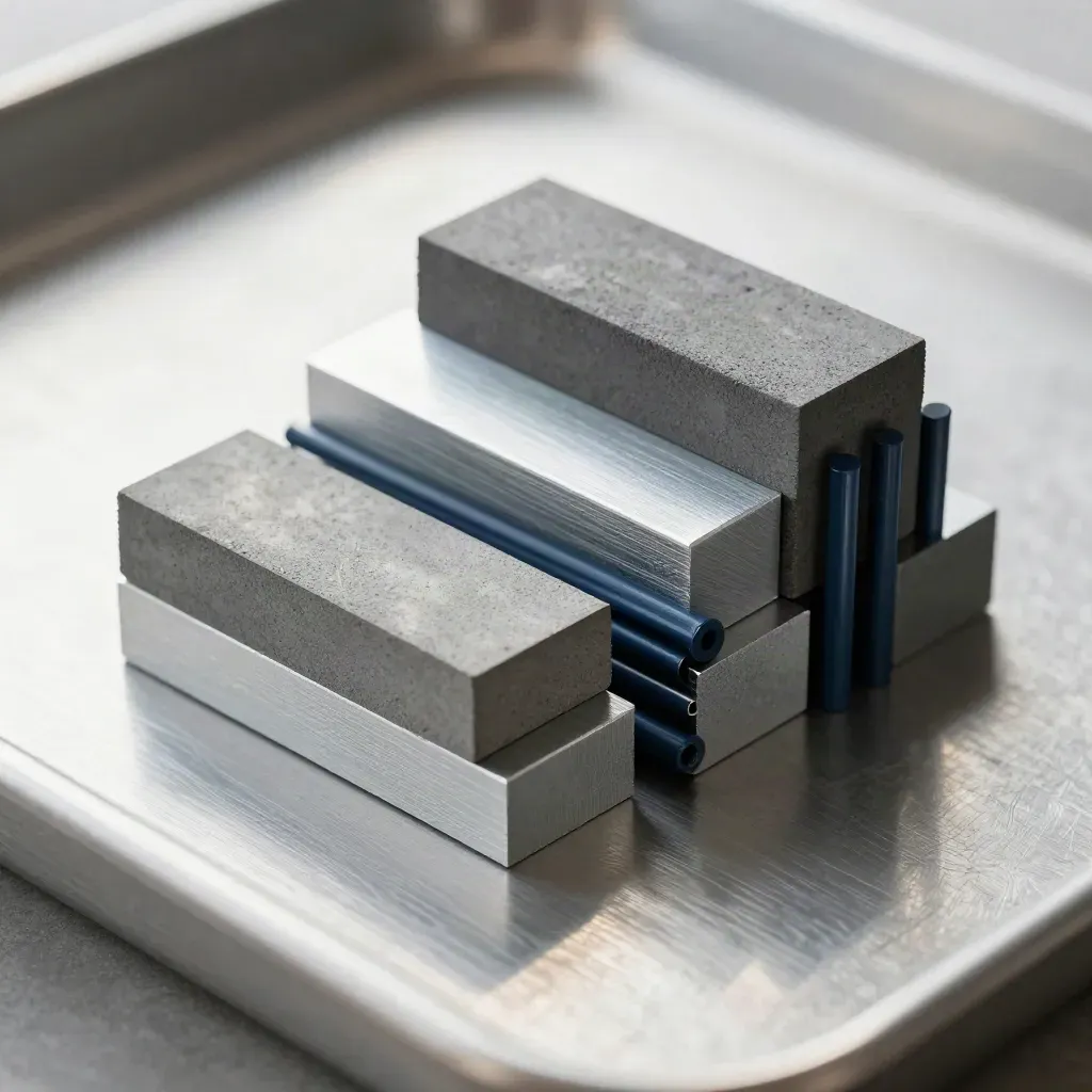 Modular aluminum spacers and navy alignment pins stacked on brushed steel in close-up.