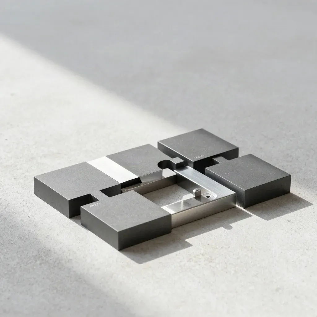 Overhead still life of graphite blocks, silver shims and a precision frame on pale concrete.