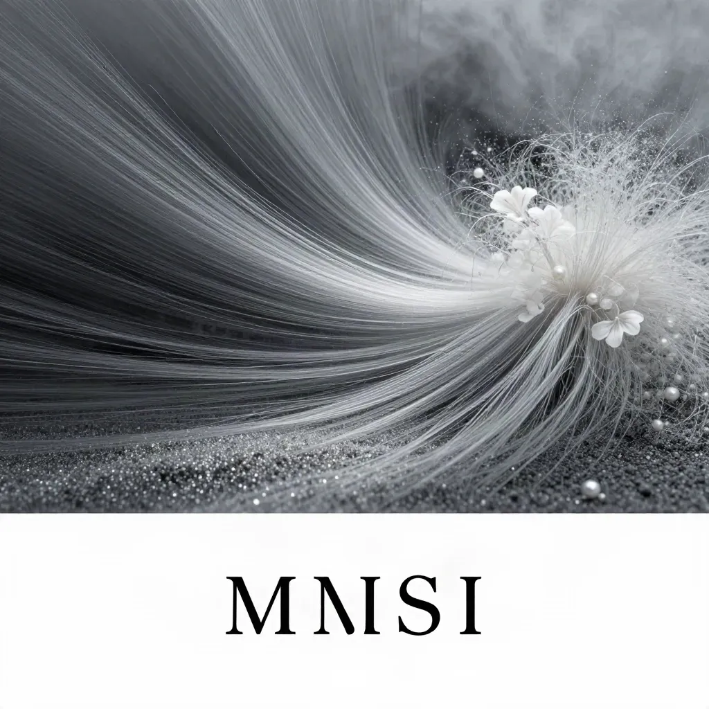 Silver filaments stream into a white bloom over graphite haze, leaving calm space for copy.